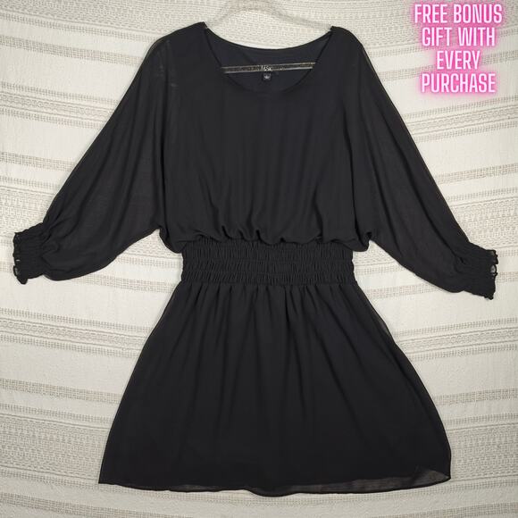 MSK Black Long Sleeve Sheer Slouchy Mini Dress Size L NEW - Picture 1 of 8